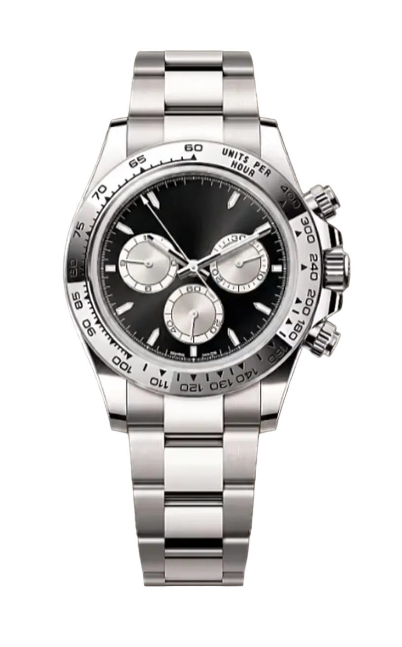 Silver watch with a black face on a white background