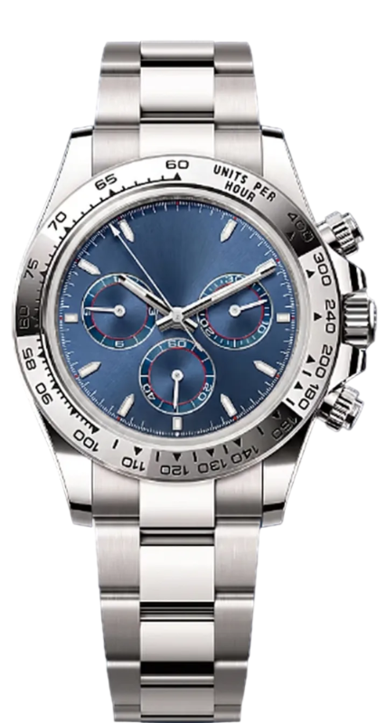 Silver watch with a blue face on a white background