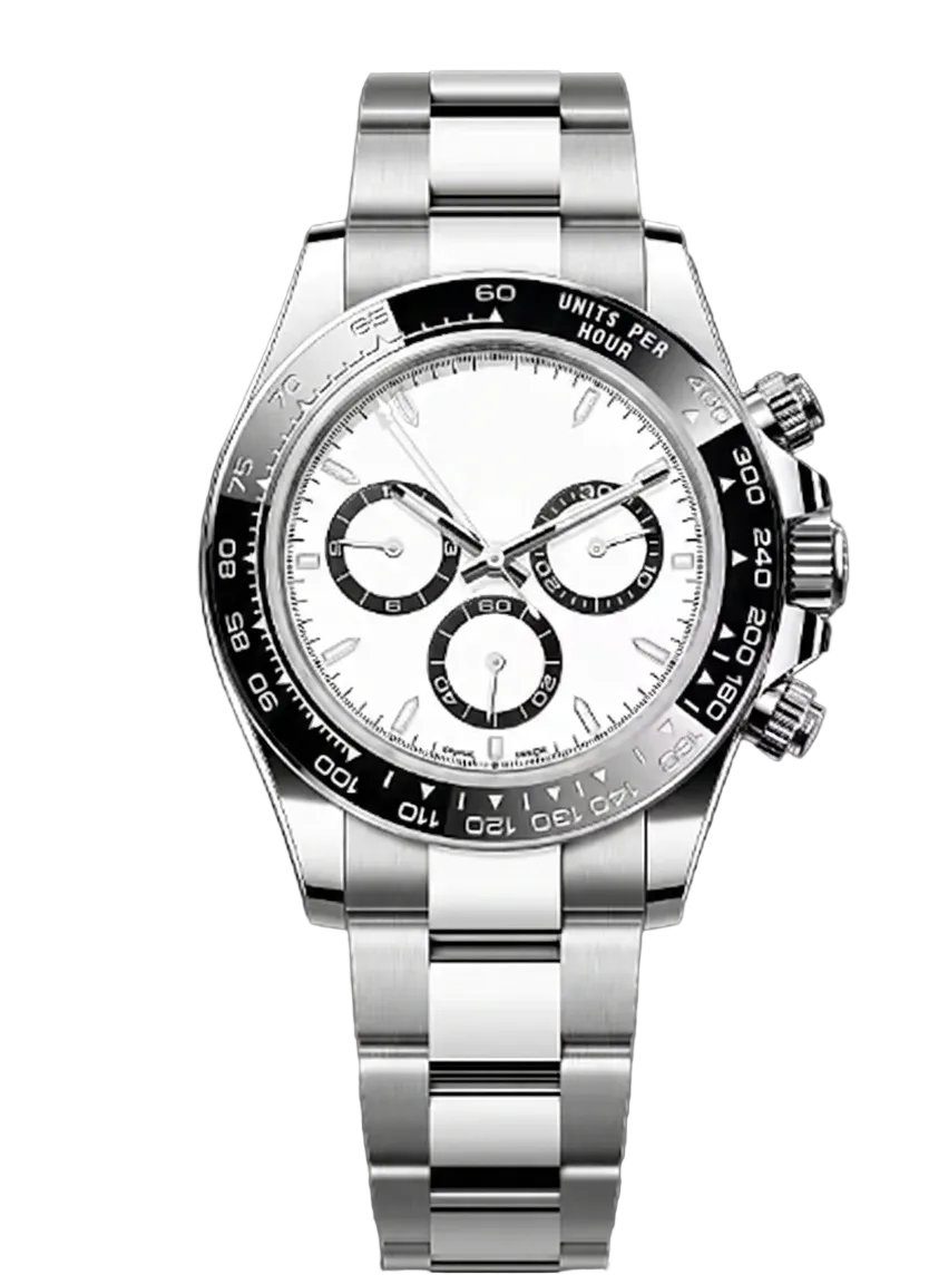 Silver watch with a white face on a white background