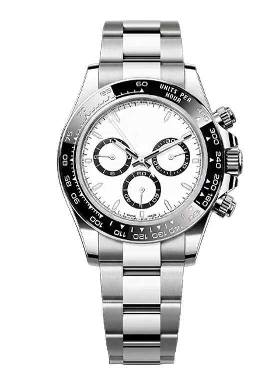 Silver watch with a white face on a white background