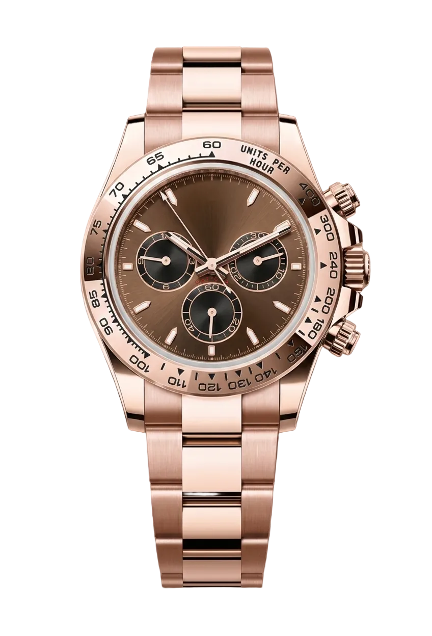 Rose gold watch with a brown dial on a white background