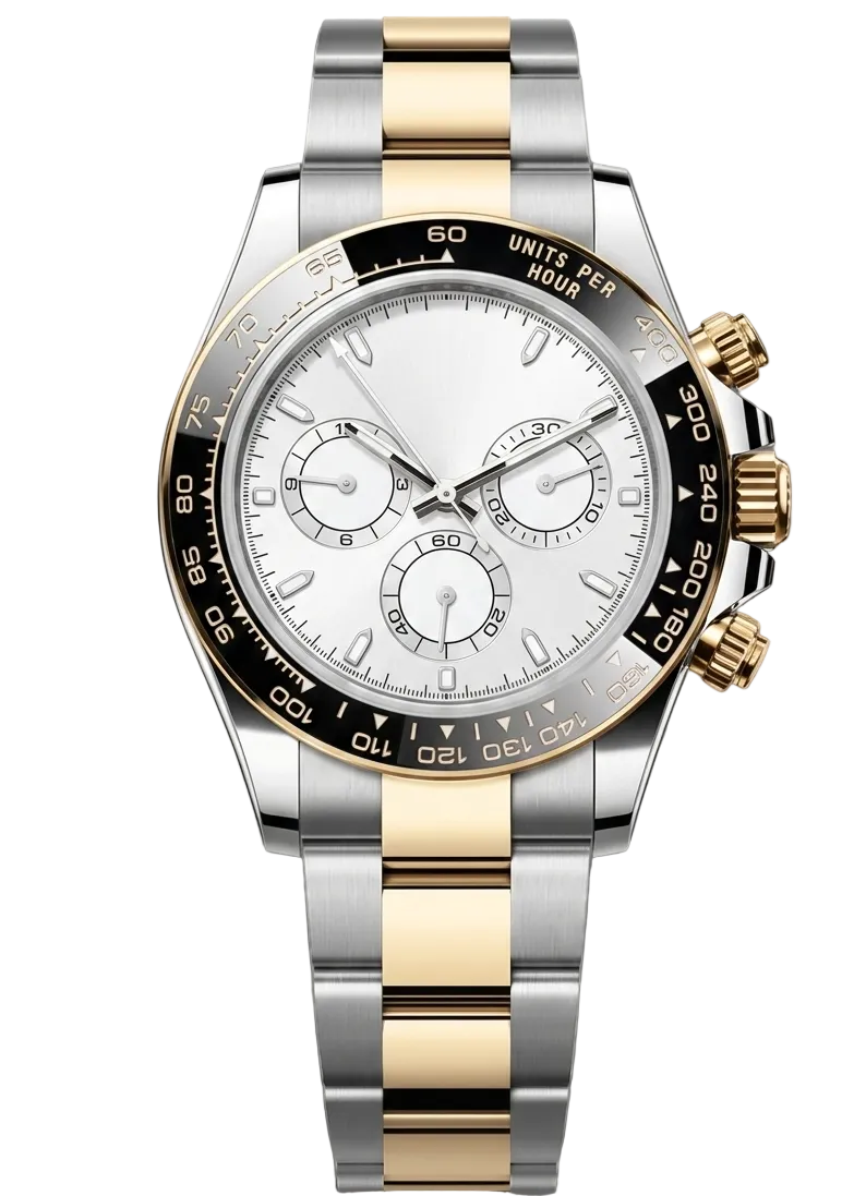 Luxury two-tone watch with silver and gold band on a white background