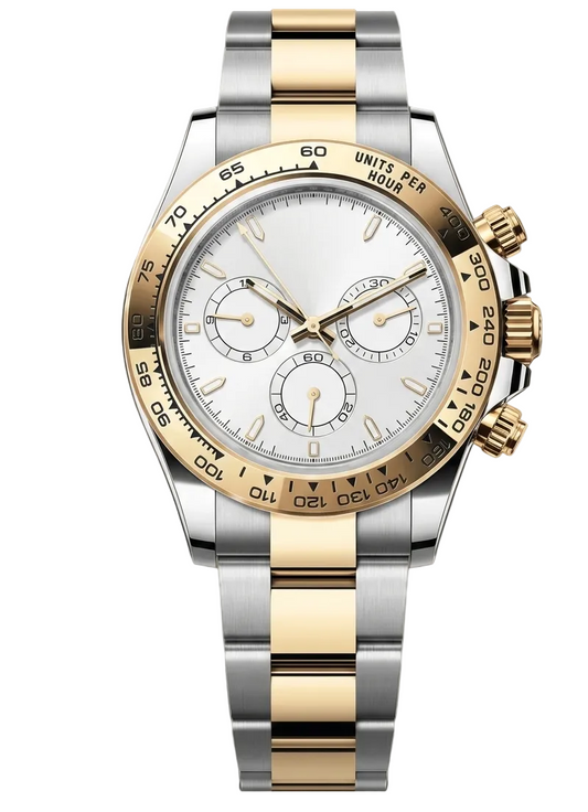 Luxury two-tone watch with silver and gold straps on awhite background