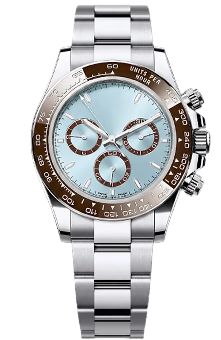 Silver watch with a light blue face on a white background