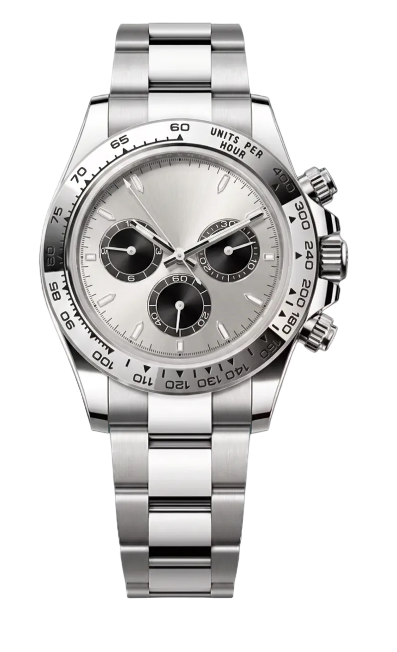 Silver watch with a detailed face on a white background