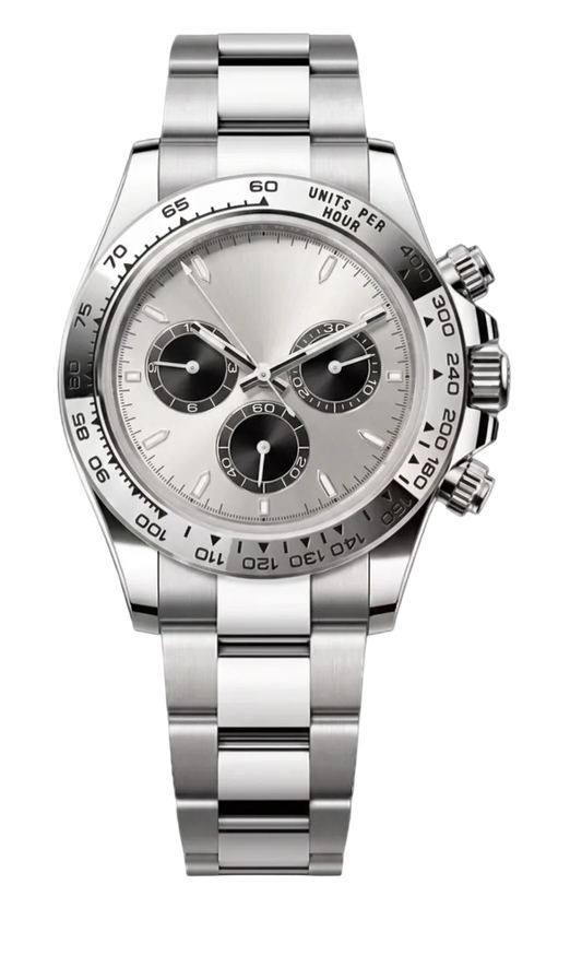 Silver watch with a detailed face on a white background