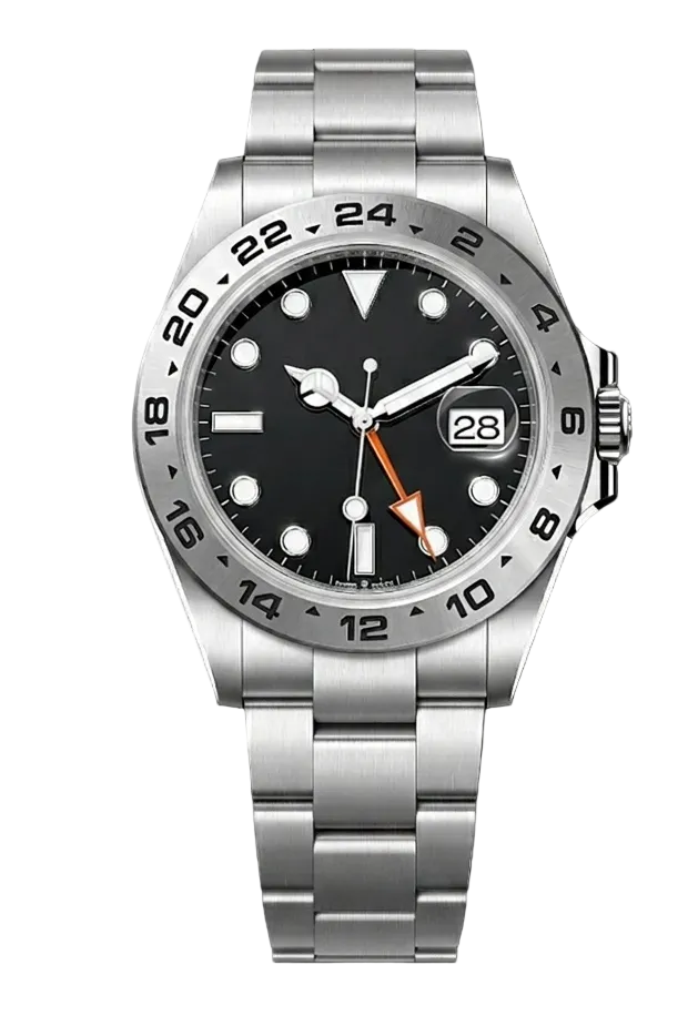 Silver watch with black dial on a white background