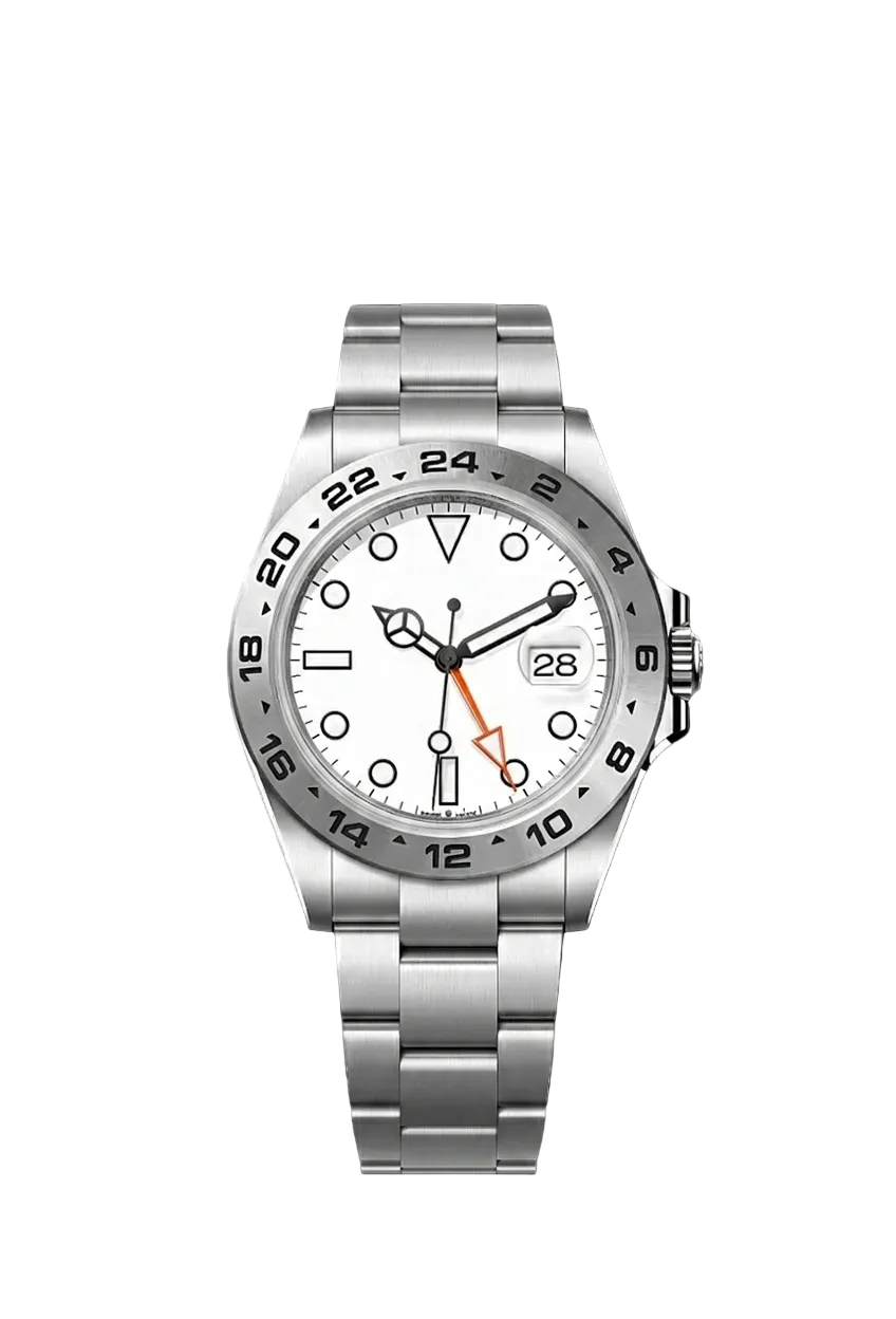 Silver watch with a white face on a white background