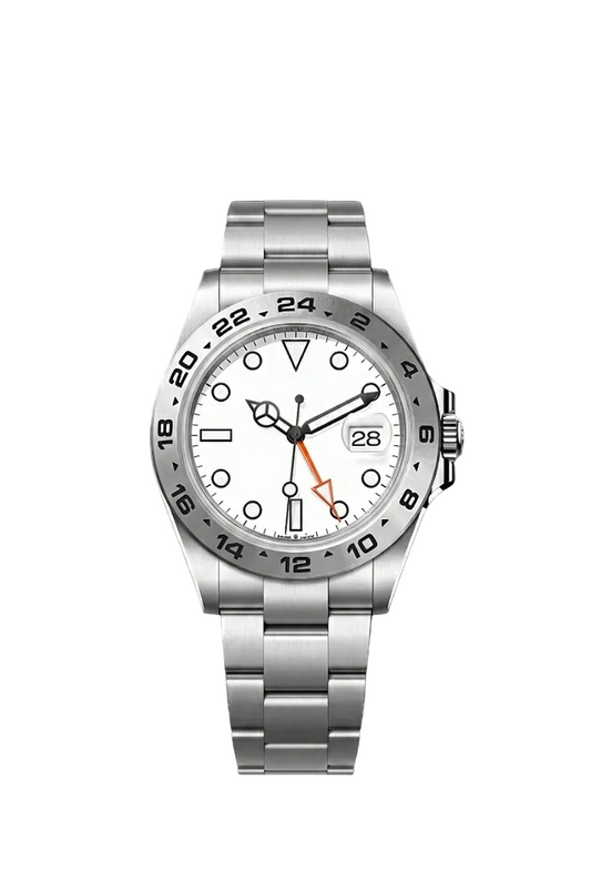 Silver watch with a white face on a white background