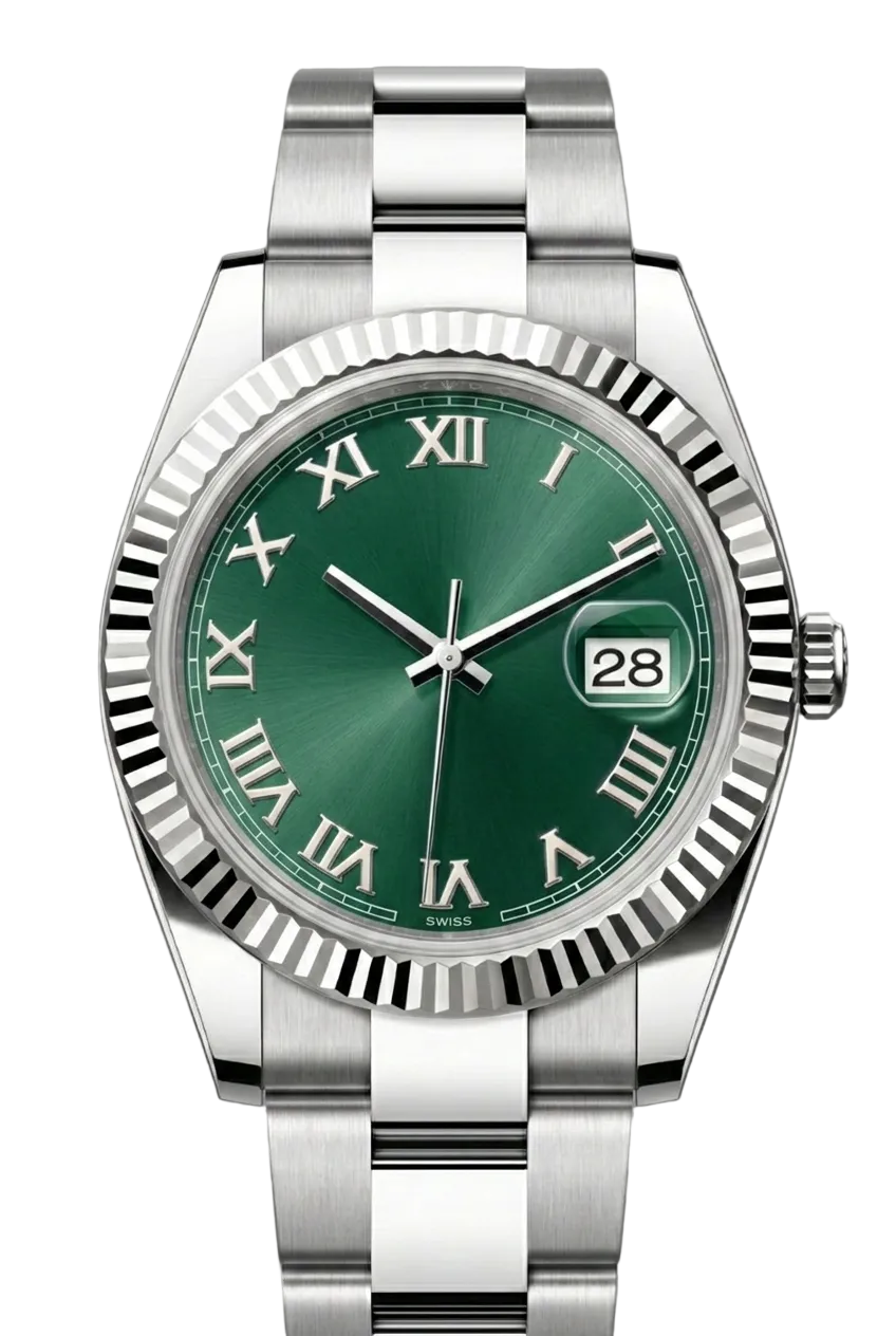 Silver watch with a green face on a gray background