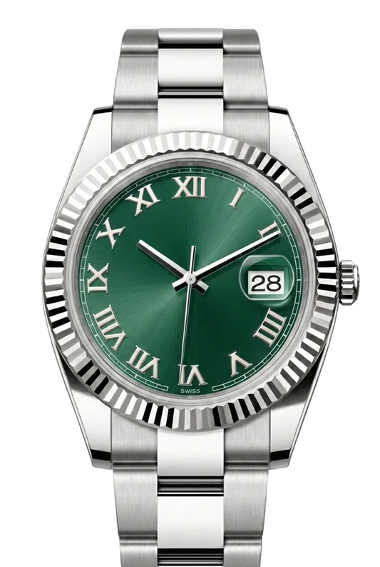 Silver watch with a green face on a gray background