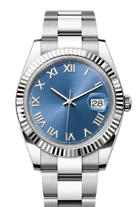 Silver watch with a blue face on a white background