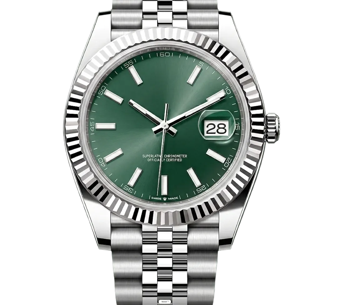 Silver watch with a green dial on a dark green background
