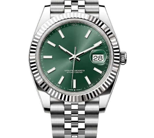 Silver watch with a green dial on a dark green background