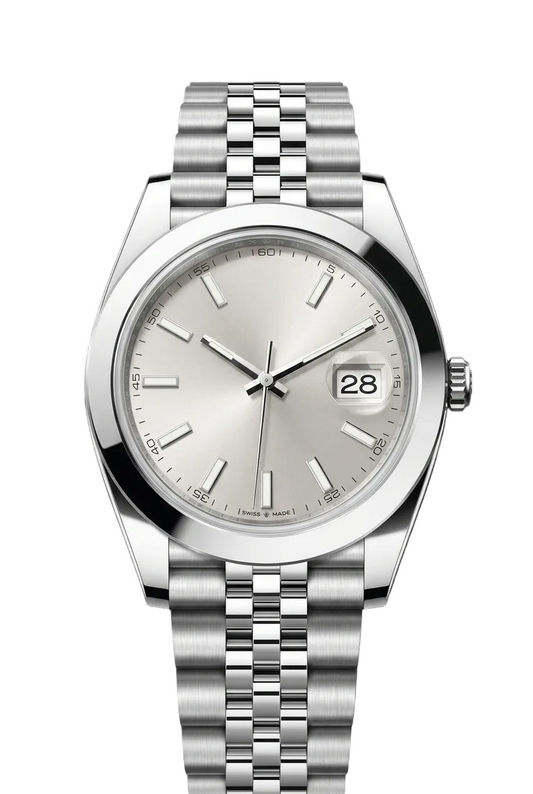 Silver watch with a silver bracelet on a black background