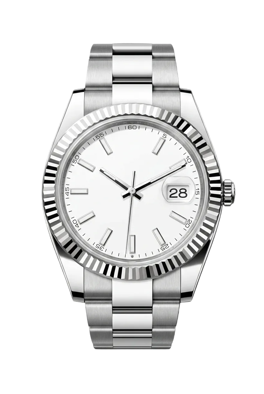Silver watch with a white face on a white background