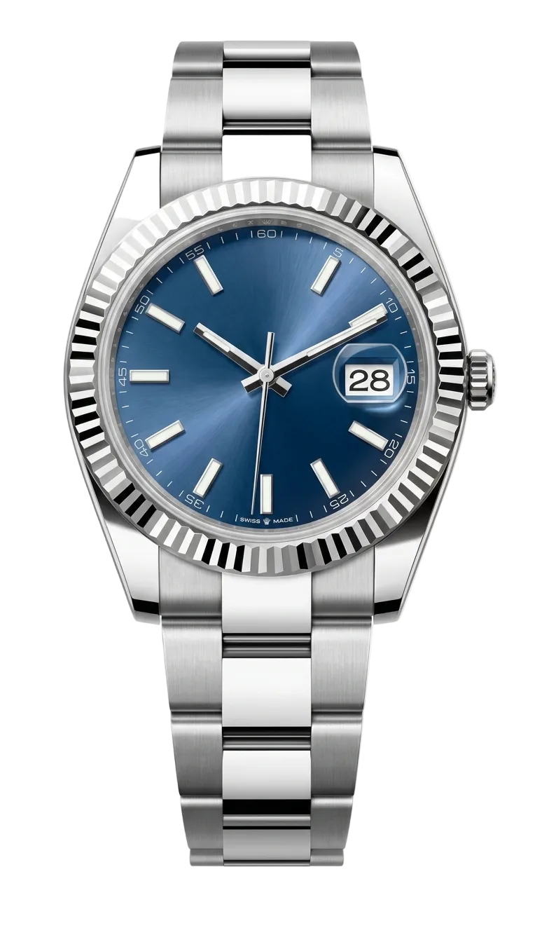 Silver watch with a blue face on a white background